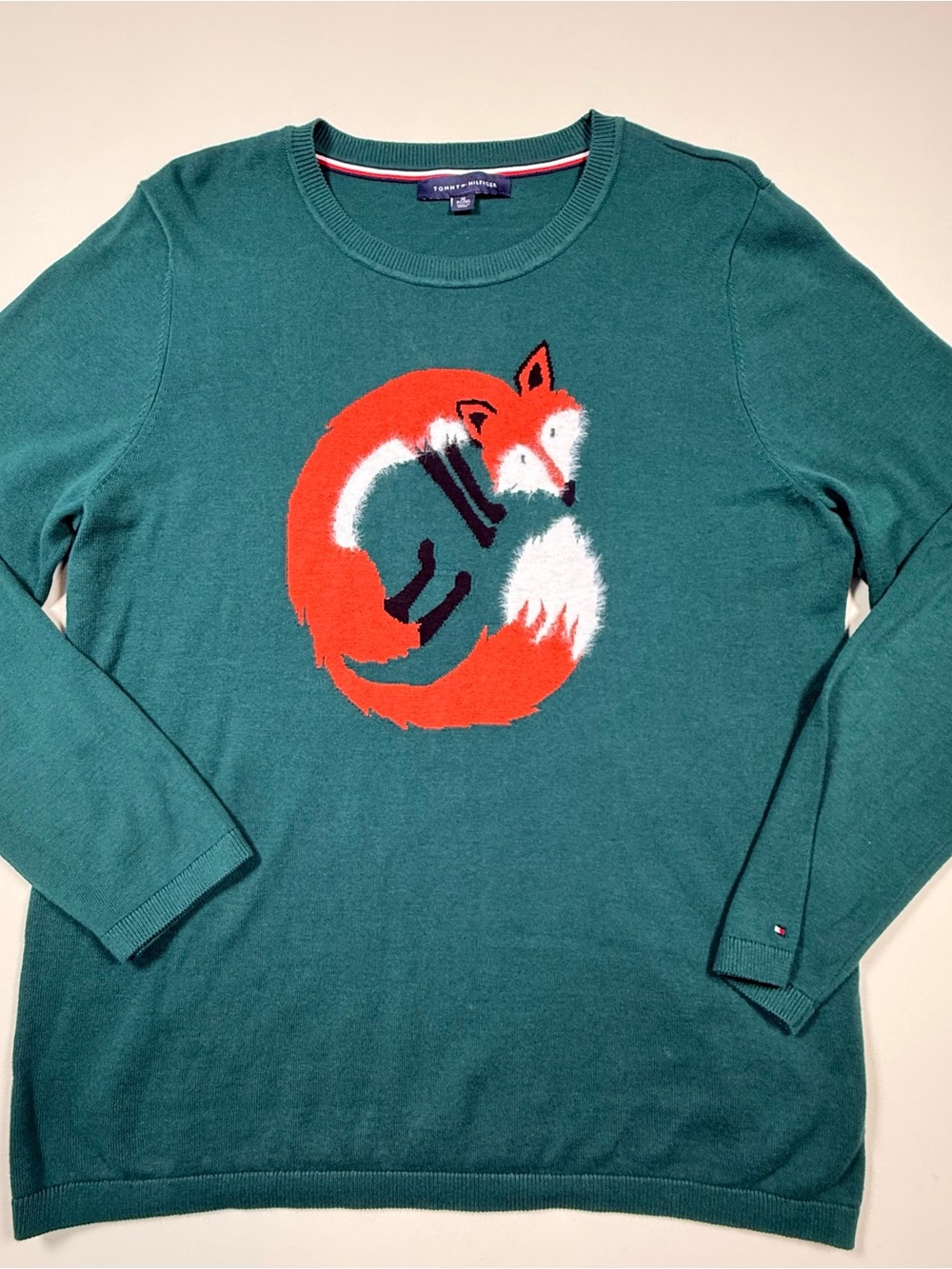 Tommy Hilfiger Women’s XL Green Sweater Orange Fuzzy Fox Crewneck